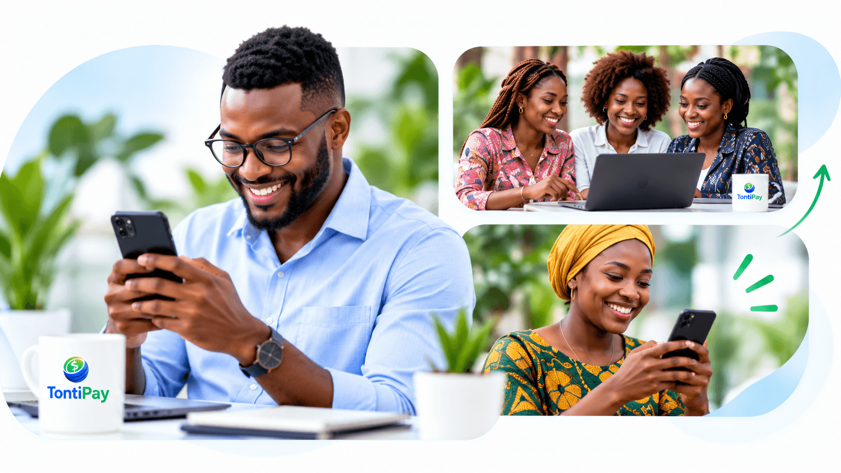 Des membres de communautés utilisant TontiPay sur téléphone et ordinateur